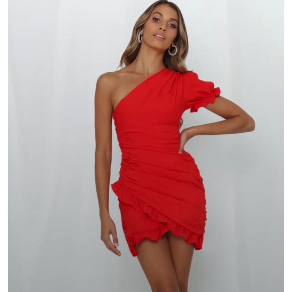 Hello Molly Not Fair On Me Mini Dress Size 4 Red One Shoulder Ruched Ruffle